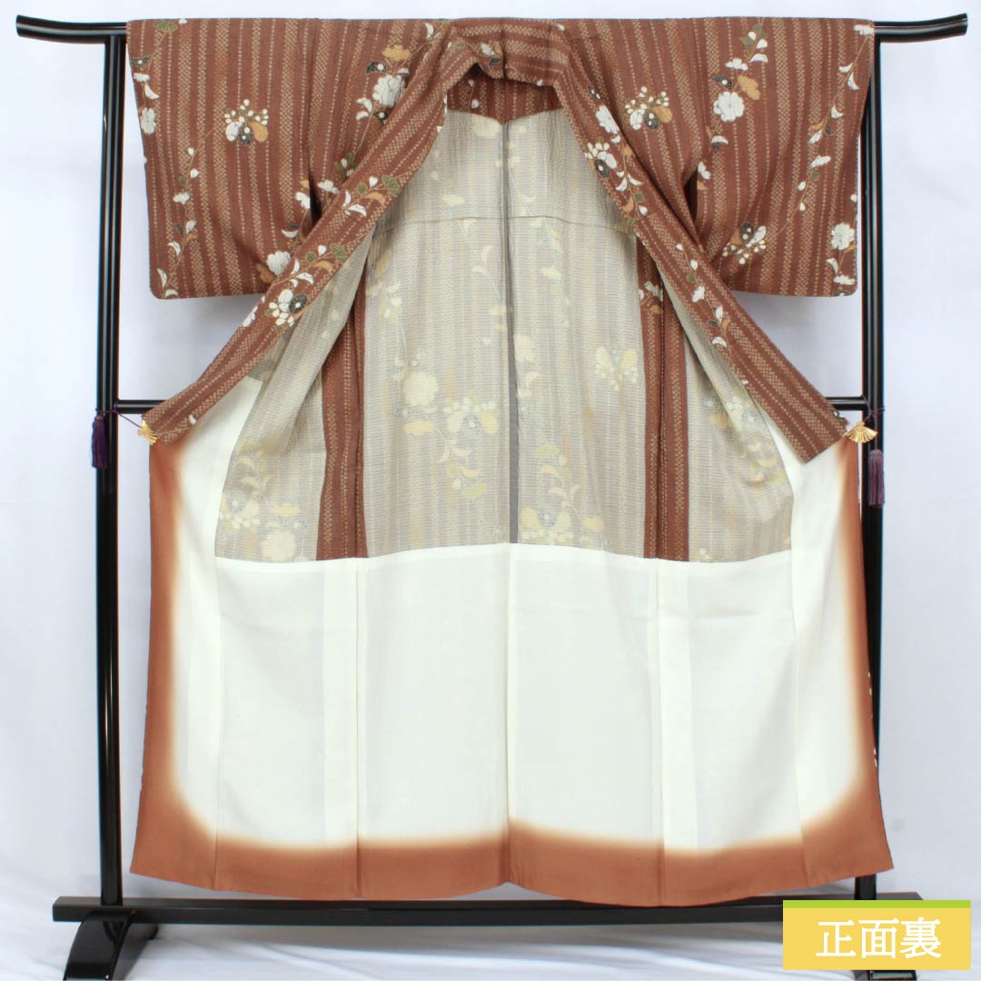 Silk Komon A Rank, Length 156.5cm, Sleeve-to-sleeve 64cm, Lined, Sugisomeiro, Katazome, Tsujigahana, Half-lined, Brown, 1115007843314