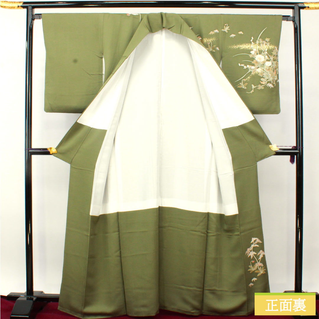 Homongi, pure silk, lined, length 164.5cm, sleeve length 65.5cm, turtle dove color, Kyoto yuzen, floral pattern, S rank, green, 1112004722419