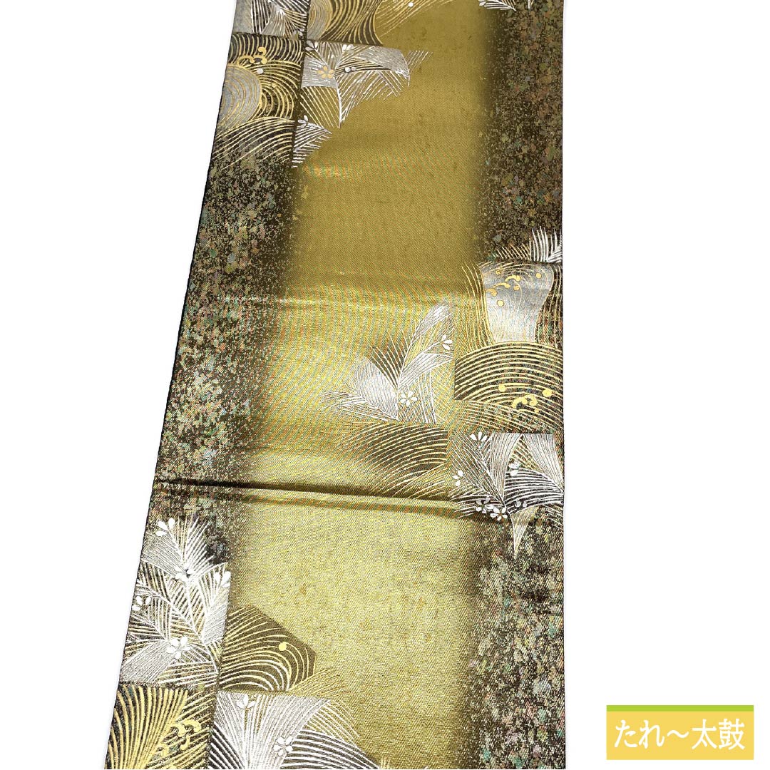 袋帯 正絹 金色(きんいろ) 玉虫金彩 金銀彩 玉虫金綵螺施ファンタジー 作家物 帯丈440cm Sランク 六通 フォーマル 金系 1123012032321