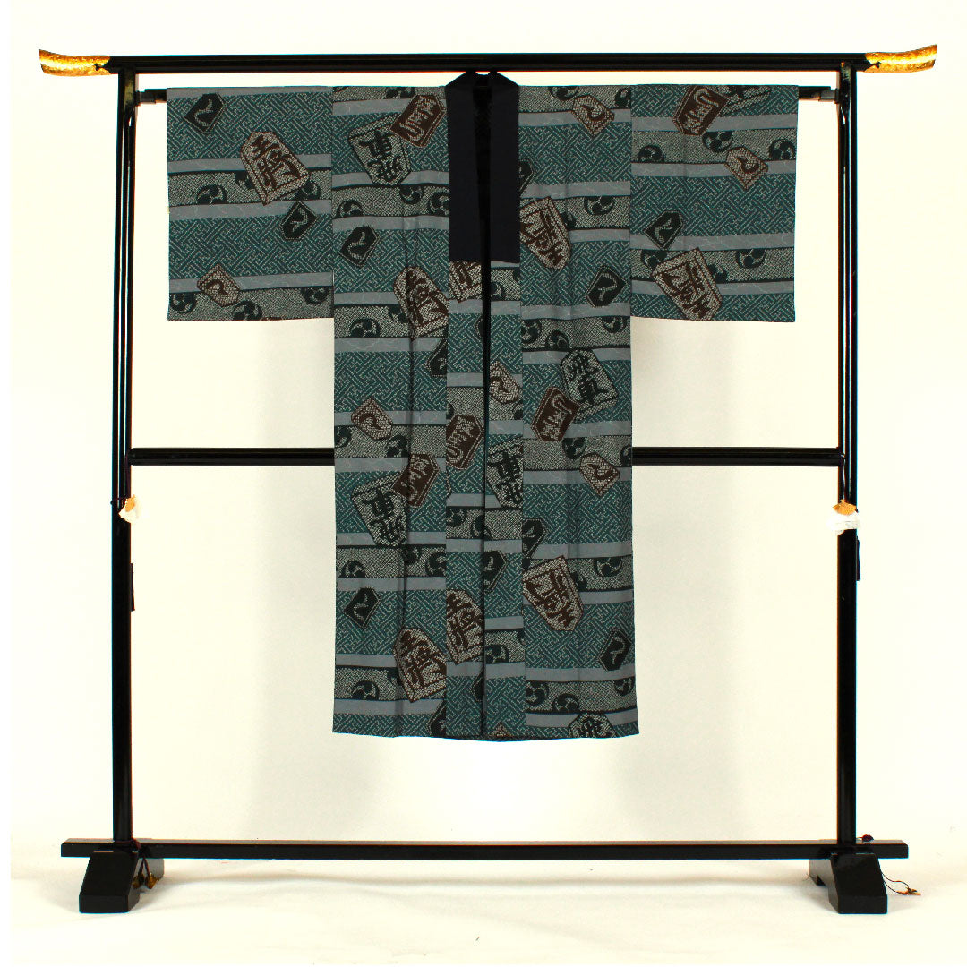 長襦袢 ポリエステル 身丈134cm 裄丈66cm 単衣 男物 将棋の駒 Sランク 青系 1129000062417