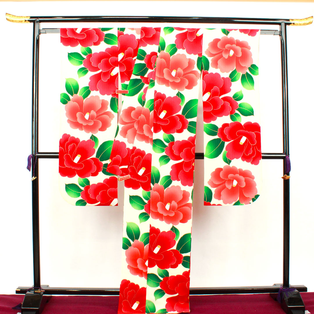 振袖 身丈170.5cm 裄丈67.5cm 袷 象牙色 洗える着物 椿 ポリ Sランク クリーム系 1113001272615