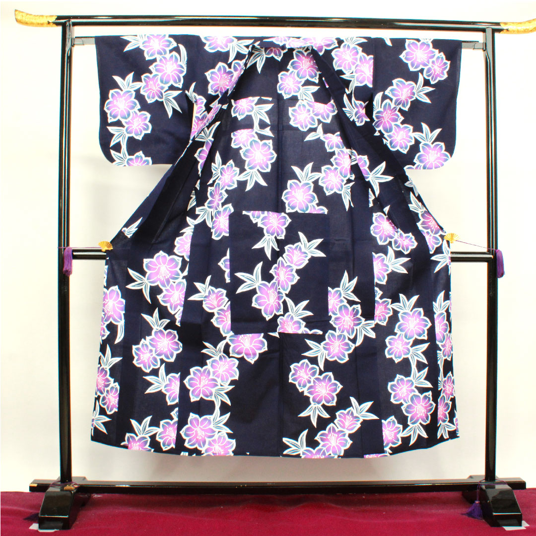 浴衣 濃紺色 スミレ 木綿 Sランク 単衣 身丈149cm 裄丈62cm 紺系 1118003692118