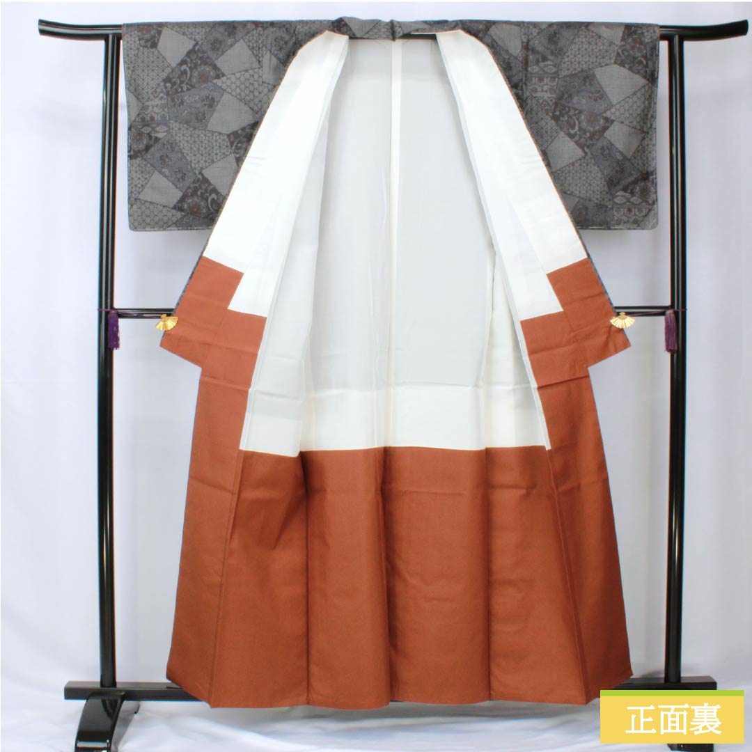 紬 正絹 身丈158cm 裄丈62cm 石板色(せきばんいろ) 村山大島 割付文様 抽象柄 Sランク 袷 グレー系 1116003812322