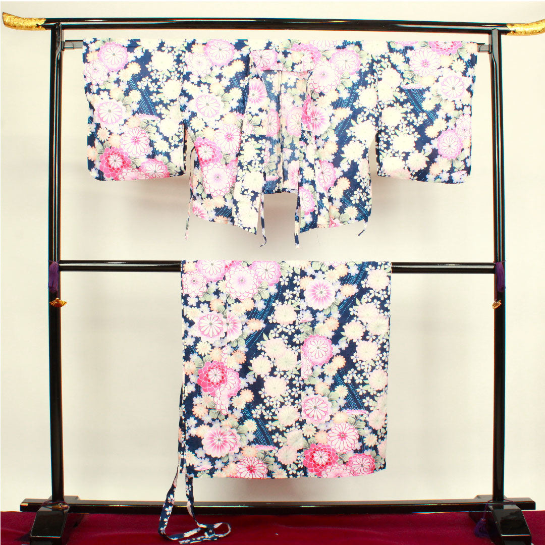 浴衣 濃紺色 二部式 草花模様 木綿 Sランク 単衣 紺系 1118001552118