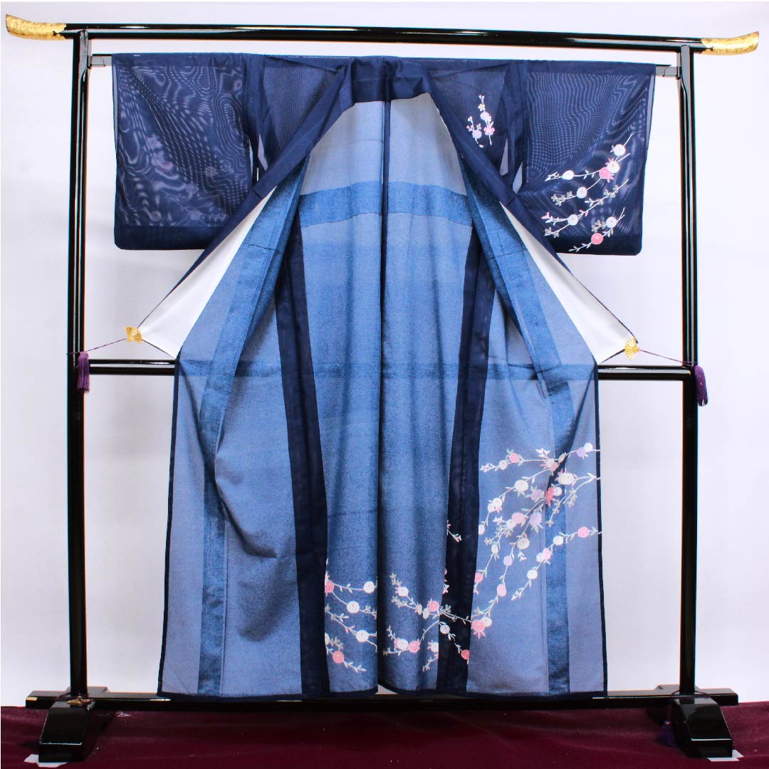 夏物 ポリエステル 訪問着 身丈156.5cm 裄丈65cm 濃紺色(のうこんいろ)菊 絽 Sランク 紺系 1132000102318