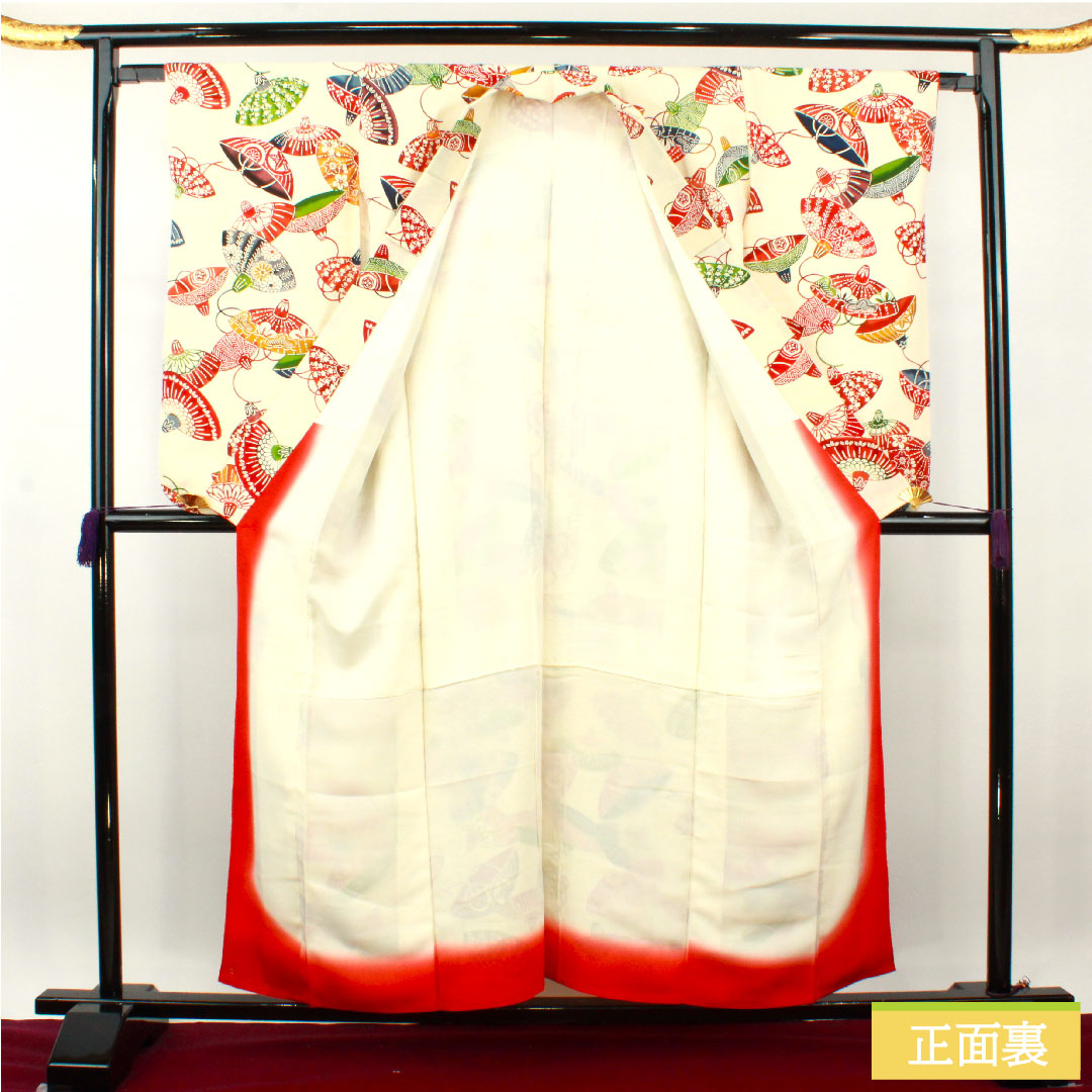 Furisode, pure silk, length 157cm, sleeve length 64cm, lined, milky white, Kyoto Bingata, auspicious motif, small furisode, two-shaku sleeve, A rank, cream color, 1113002003315