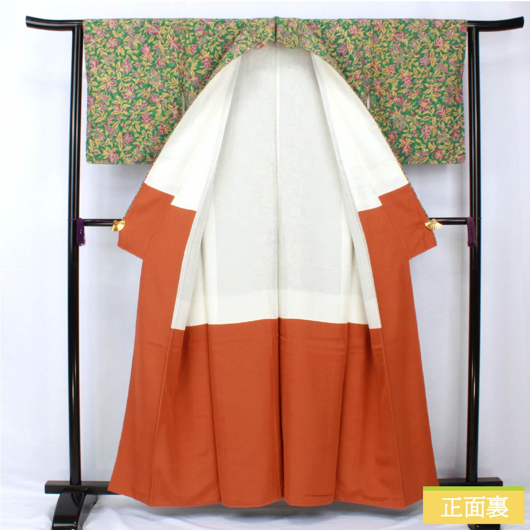 小紋 正絹 身丈159cm 裄丈62cm 袷 青銅色(せいどういろ) 型染 総花 Sランク 緑系 1115005362319