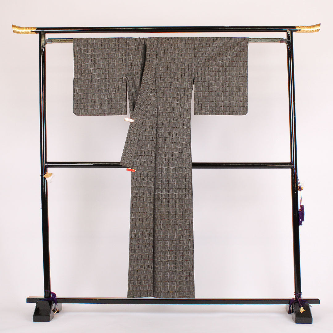 ウール 身丈154.4cm 裄丈63cm 格子柄 ウール Aランク 単衣 黒系 1116000383210