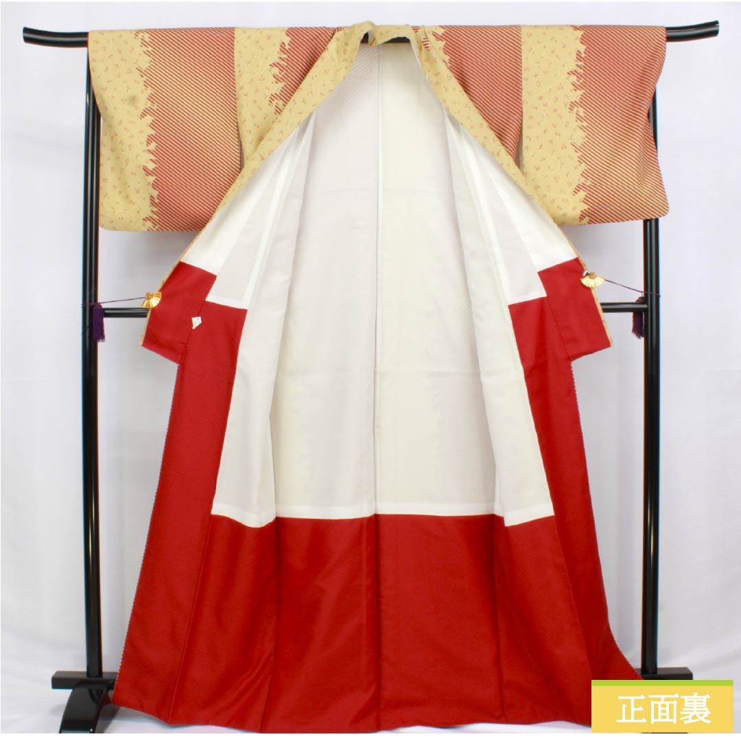 小紋 ポリエステル 身丈166.5cm 裄丈67.5cm 袷 魚子黄色(ぎょしこういろ) 抽象模様 洗える着物 Sランク 黄系 1115006212523