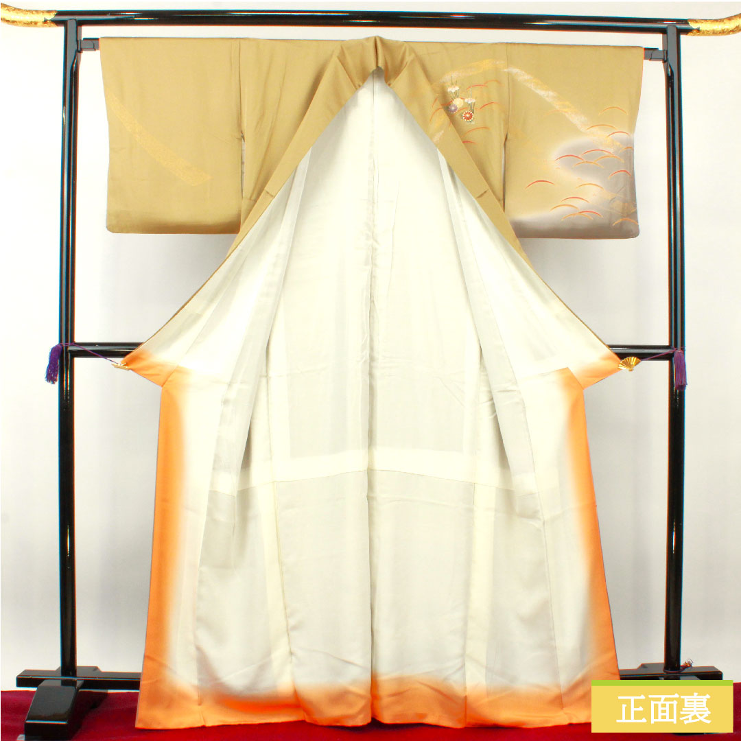 訪問着 袷 身丈167cm 裄丈66cm 芽色 京友禅 露草 巻物 一つ紋 剣片喰 正絹 Aランク 黄系 1112003933523