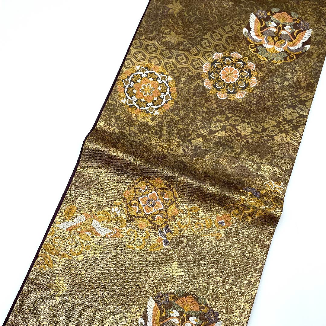 袋帯 金色 宝相華 花唐草 鳳凰 帯丈428cm 正絹 Aランク 六通 フォーマル ベージュ系 1123007593325