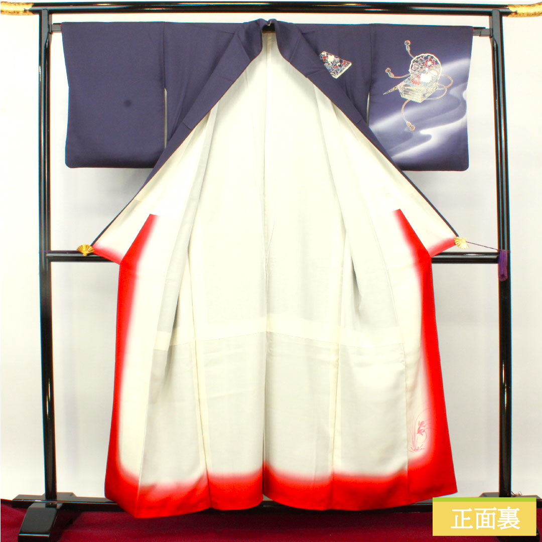 Homongi, pure silk, lined, length 157.5cm, sleeve length 66cm, dark blue, Kyo-Yuzen, multi-tiered box, braided cord, A-rank, navy blue, 1112004843318