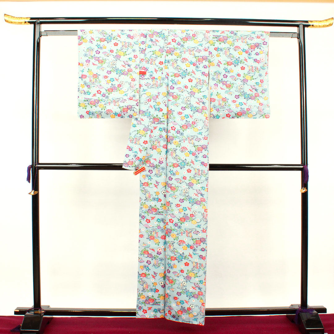 小紋 身丈160cm 裄丈62cm 袷 薄藍色 型染 草花模様 正絹 Sランク 青系 1115002742417