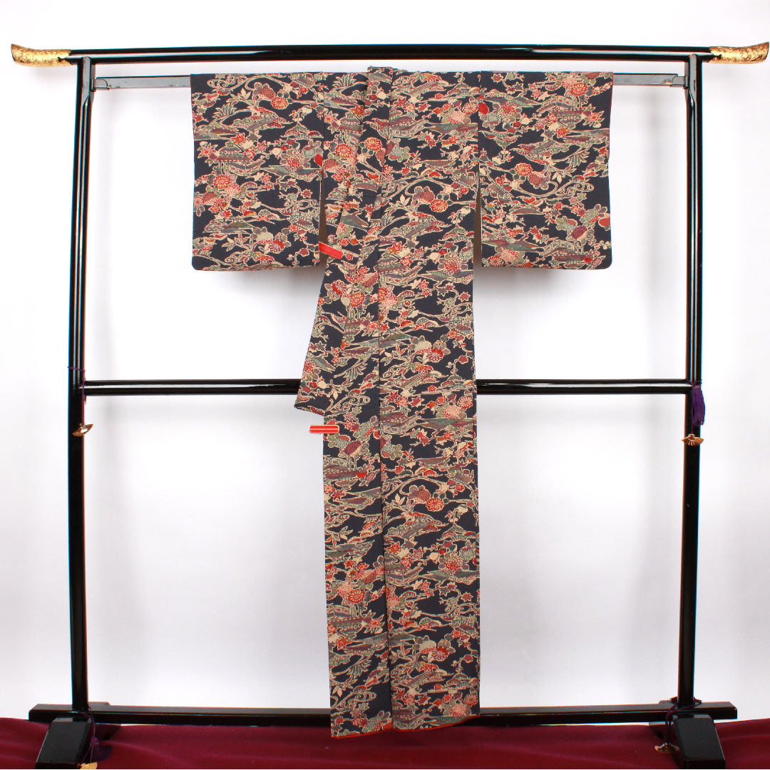 小紋 身丈154.5cm 裄丈60.5cm 袷 青褐色 型染 草花模様 正絹 Aランク 紺系 1115002293218