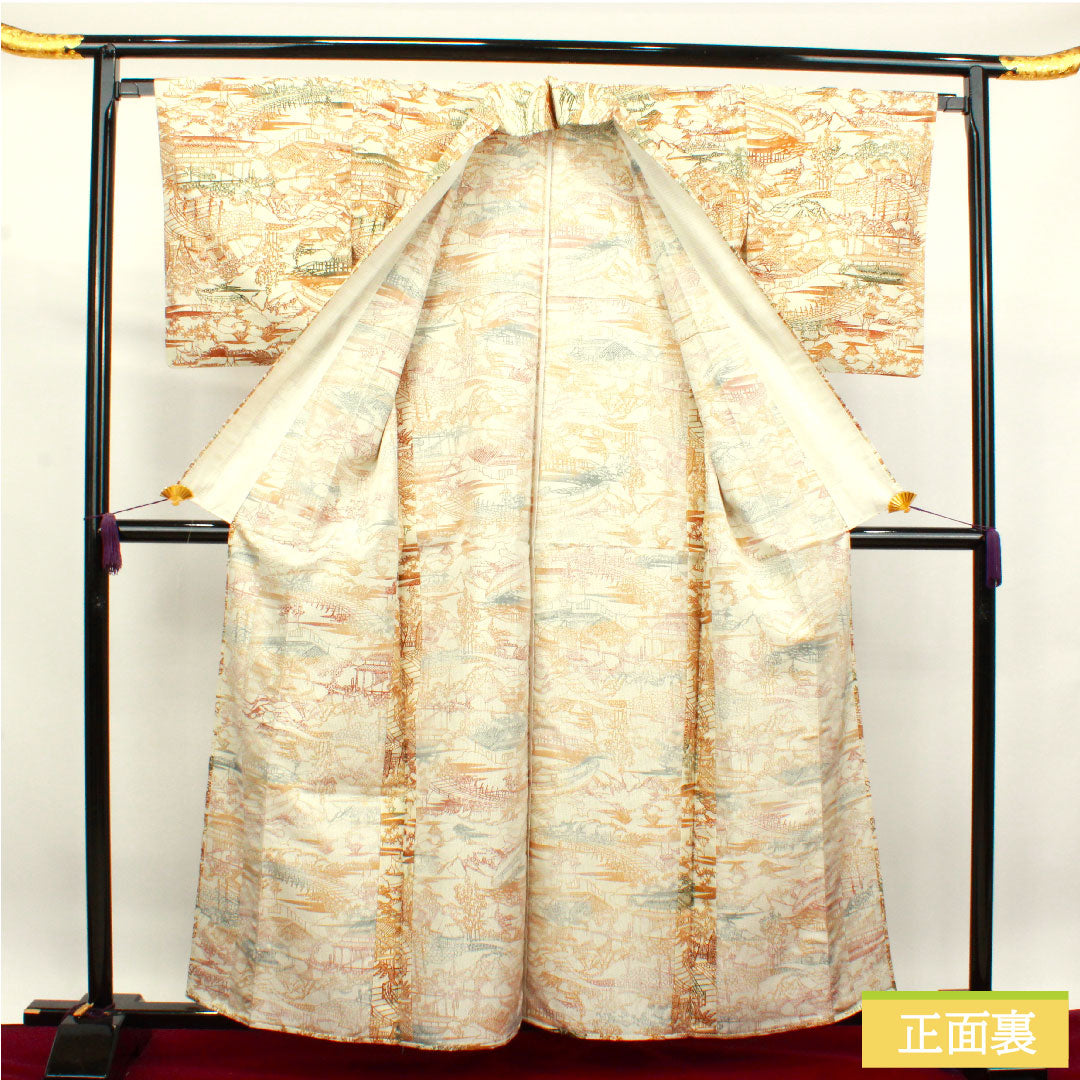 小紋 正絹 身丈160.5cm 裄丈65.5cm 単衣 生成り色 紬地 茶屋辻 Aランク クリーム系 1115003873415