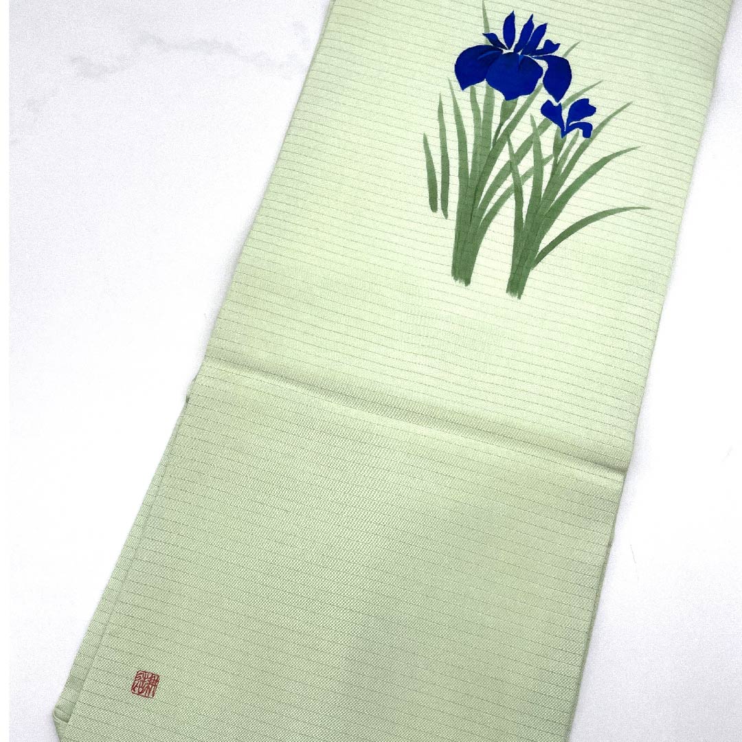 名古屋帯 龍泉青瓷釉色色 夏帯 絽 染帯 作家物 あやめ 帯丈353.5cm 正絹 Aランク ポイント柄 カジュアル 緑系 1124004263319 名古屋仕立て