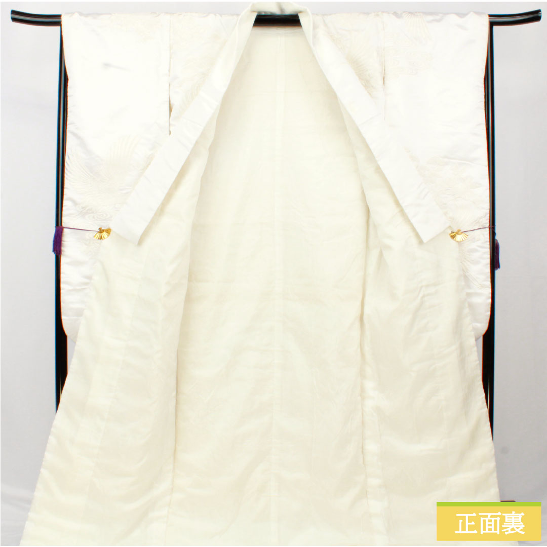 白無垢 正絹 Aランク 身丈180.5cm 裄丈64.5cm 唐織 鶴 草花模様 袷 白系 1110000983911