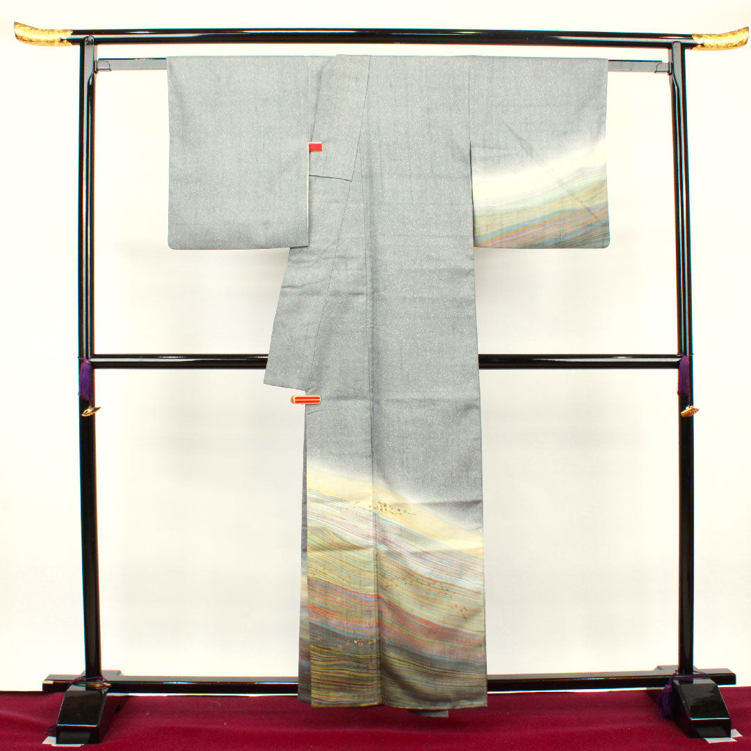 Homongi, lined, length 160cm, sleeve length 68cm, lead color, pongee fabric, abstract pattern, pure silk, A rank, gray, 1112002343422