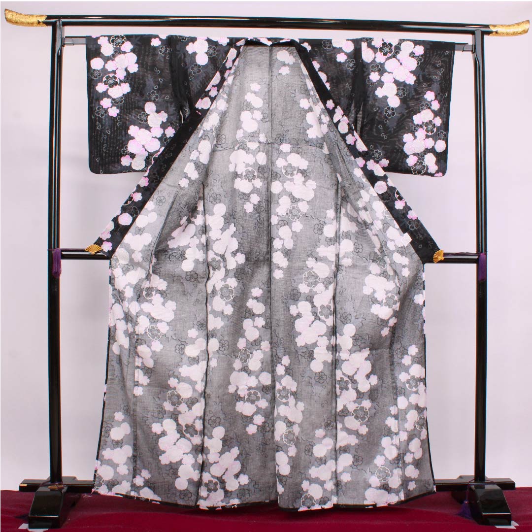 浴衣 黒色 桜 ラメ 木綿 Sランク 単衣 身丈165cm 裄丈65.5cm 黒系 1118004272510