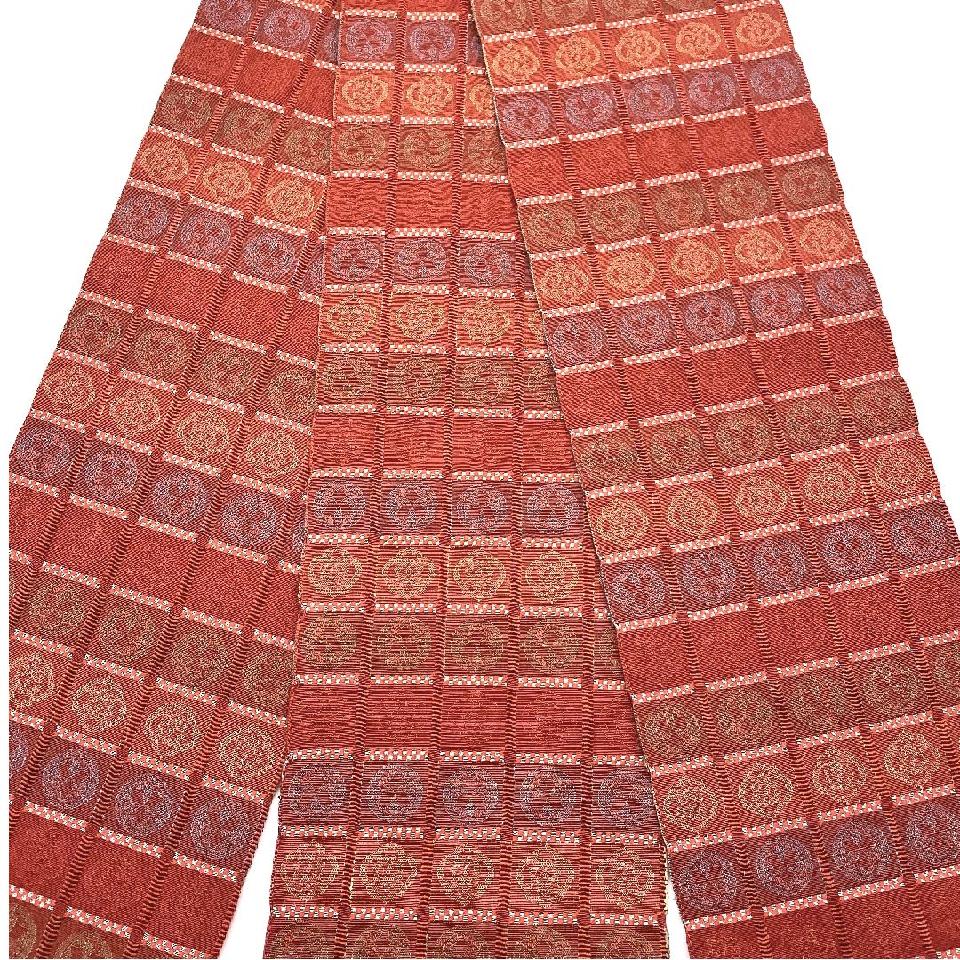 (未仕立)半幅帯 緋銅色色(ひどうしょくいろ) 市松 丸紋 帯丈330cm 木綿 朱系 Sランク 1125000382916