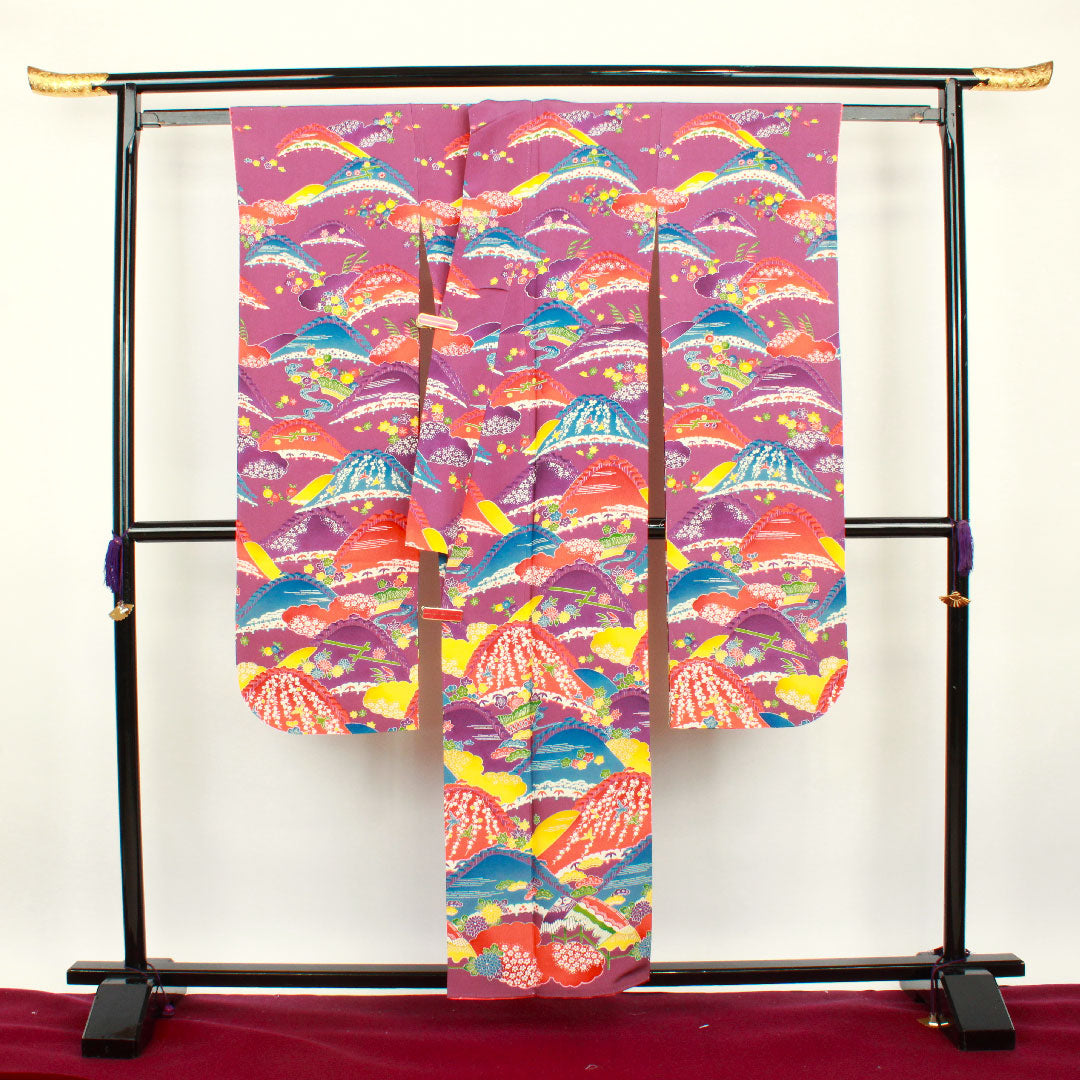 振袖 身丈155cm 裄丈63cm 袷 織葡萄色 型染 遠山 草花模様 正絹 Aランク 紫系 1113000923320