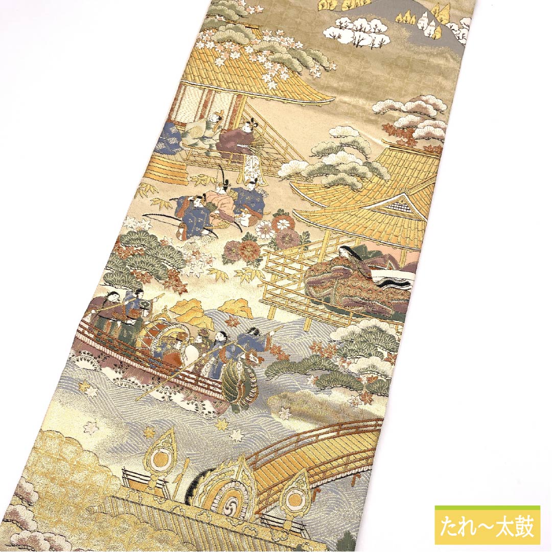 袋帯 正絹 時代人物風景模様 留袖用 本金箔 駒競行幸絵巻 帯丈434cm Aランク 六通 フォーマル 金系 1123014253321