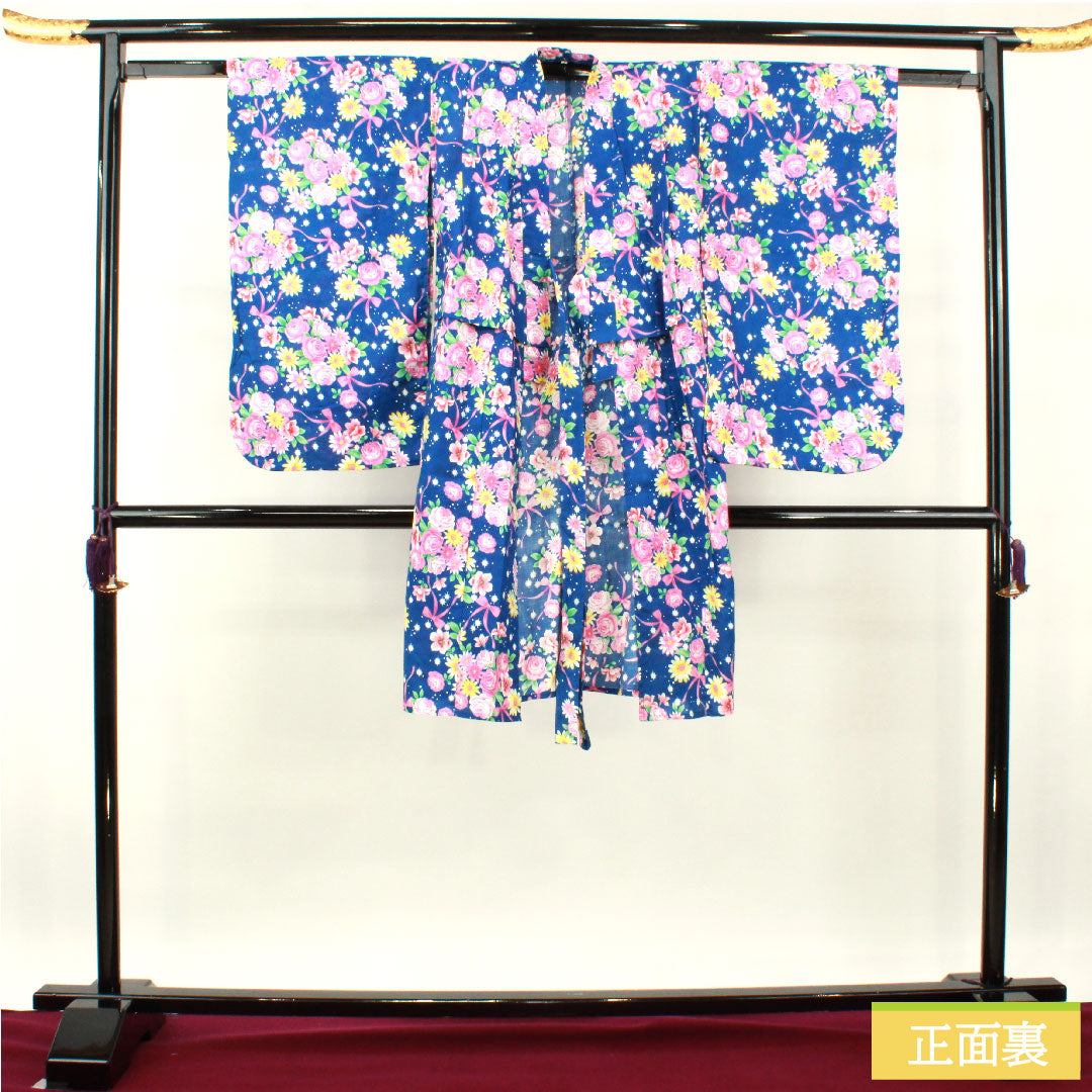 浴衣 木綿 身丈107.5cm 裄丈56.5cm Sランク 単衣 紺系 瑠璃色(るりいろ) 肩上げ有り 身上げ有り 花柄 1118005022118