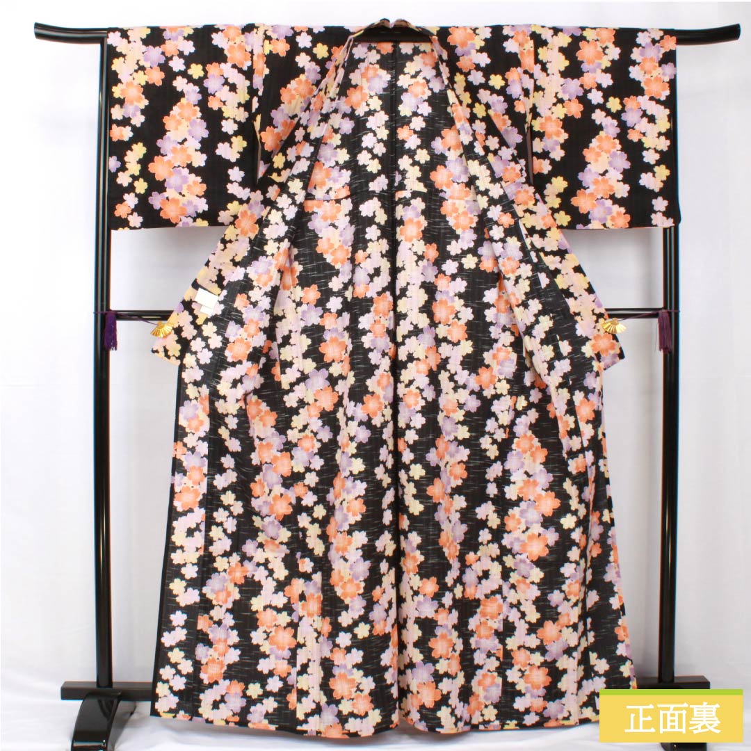 浴衣 木綿 身丈163.5cm 裄丈66.5cm Aランク 単衣 黒系 EASTBOY 桜 1118005323410