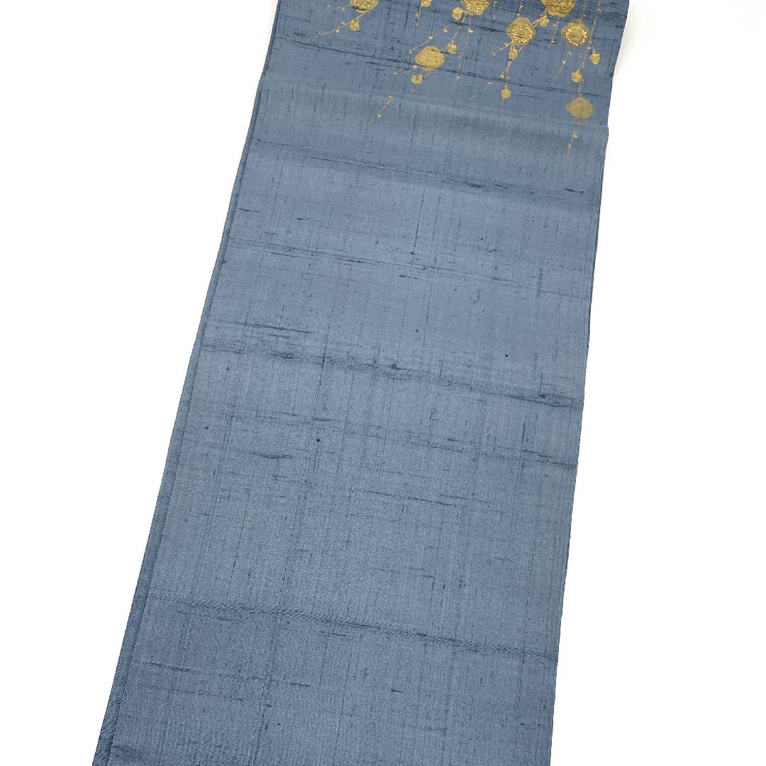 袋帯 湊鼠色(みなとねずいろ) しだれ梅 紬地 帯丈458cm 正絹 Sランク ポイント柄 カジュアル 青系 1123009242417