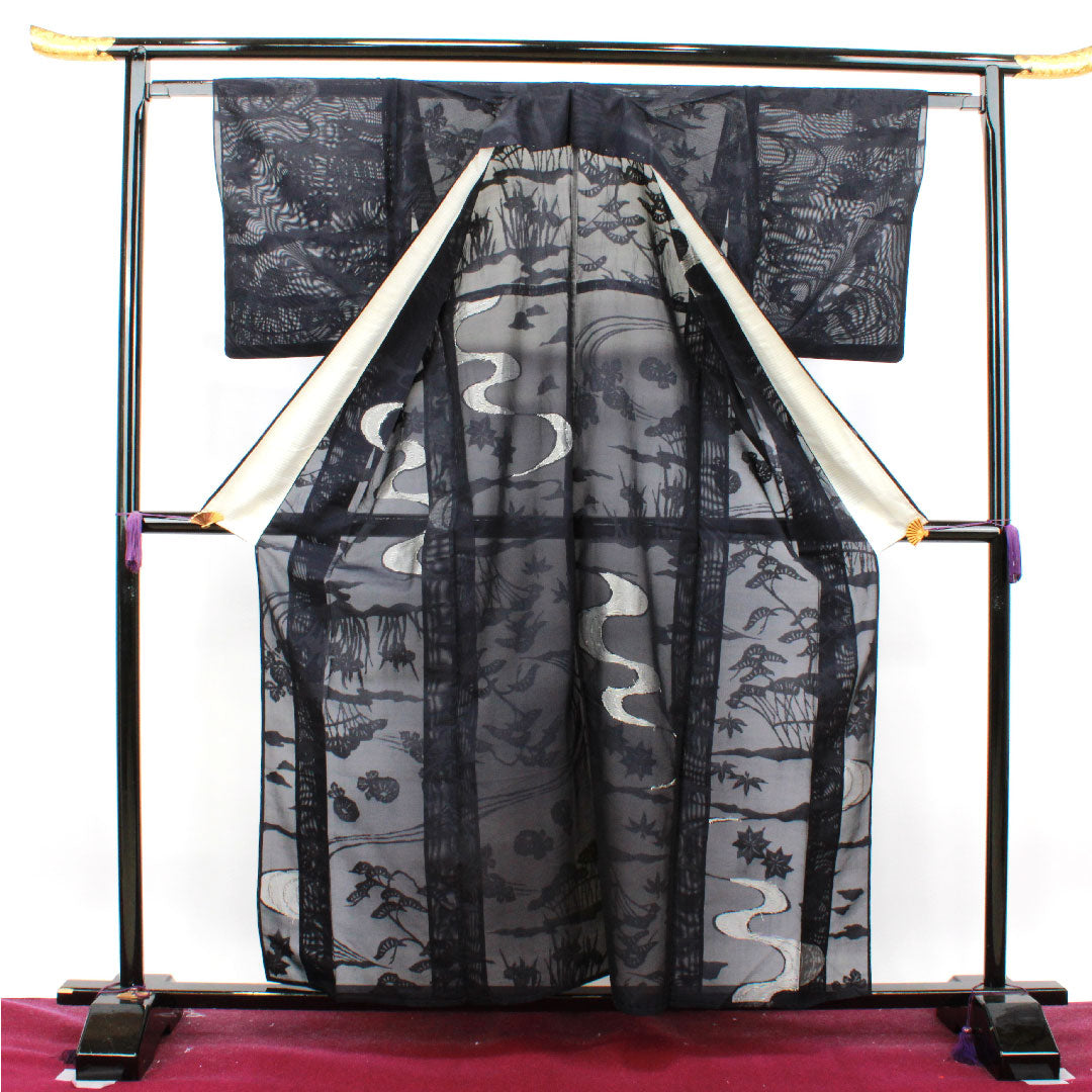 Summer item, pure silk, plain color, length 160cm, sleeve length 61.5cm, purple-black color, floral pattern, gauze, A rank, purple 1132001033420