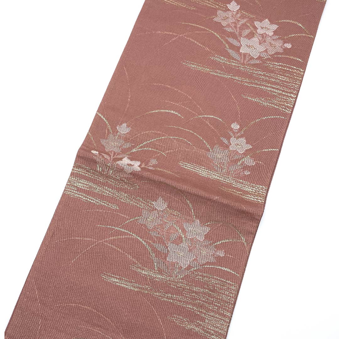 Fukuro Obi (light purple sappan) Summer Obi (belt) with bellflower and dew grass, summer wear, obi length 432cm, pure silk, A rank, six-pass, formal, pink, 1123007663313