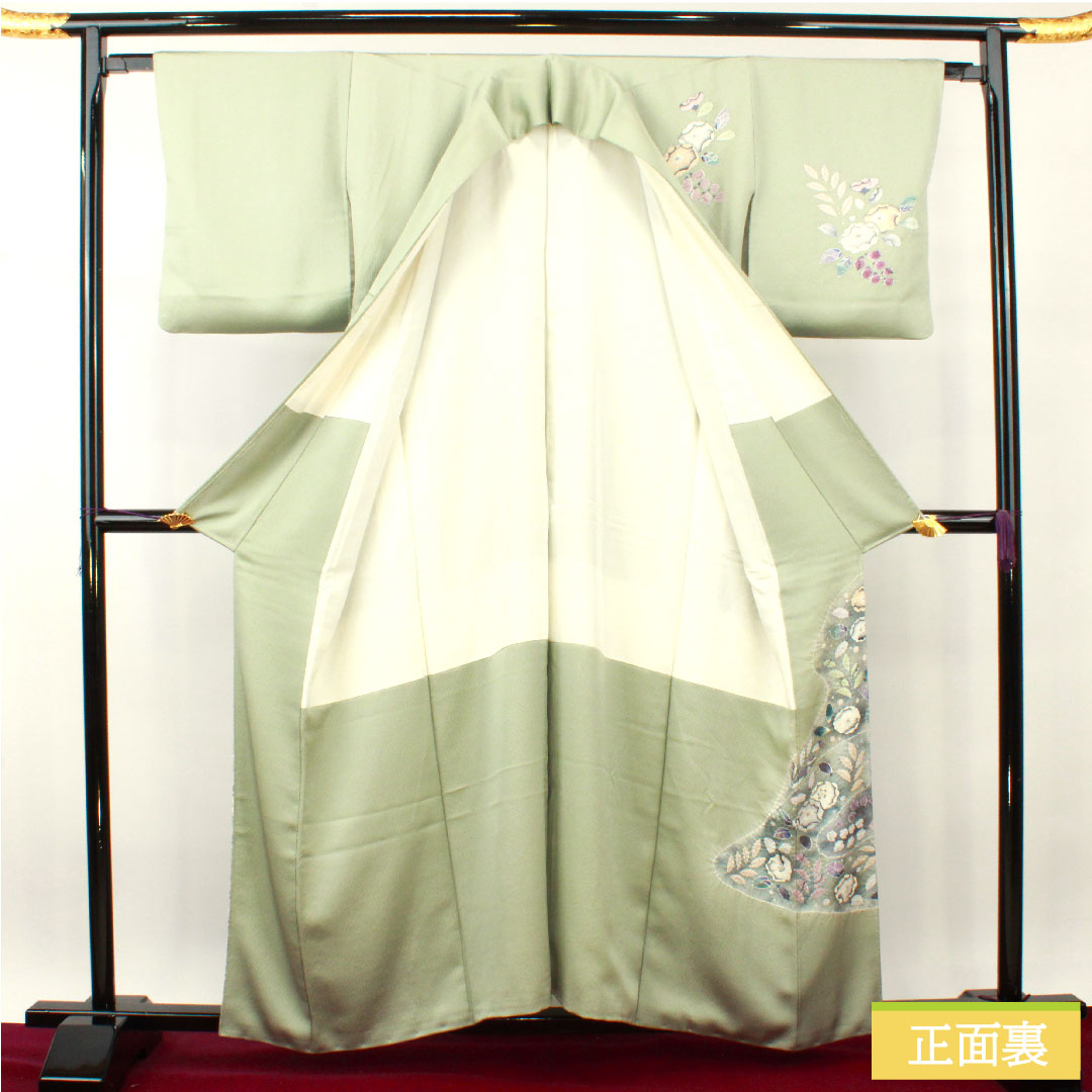 訪問着 正絹 袷 身丈158.5cm 裄丈62.5cm 薄緑色 桐屋翠山工房謹製 辻ヶ花 Aランク 緑系 1112003603319
