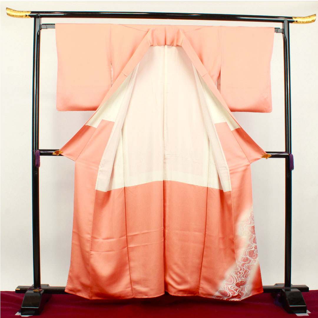 Colored Tomesode, Length 160.5cm, Sleeve Length 64cm, Lined, Coral Color, Kyo-Yuzen, Crane, Flowing Water, Three Fans, Pure Silk, S Rank, Three Crests, Orange, 1111001132426
