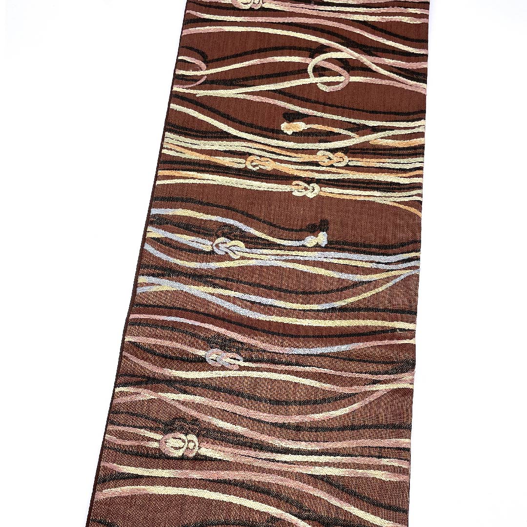 袋帯 焦色(こがれいろ) 組紐柄 帯丈441cm 正絹 Sランク 六通 カジュアル 茶系 1123009312314