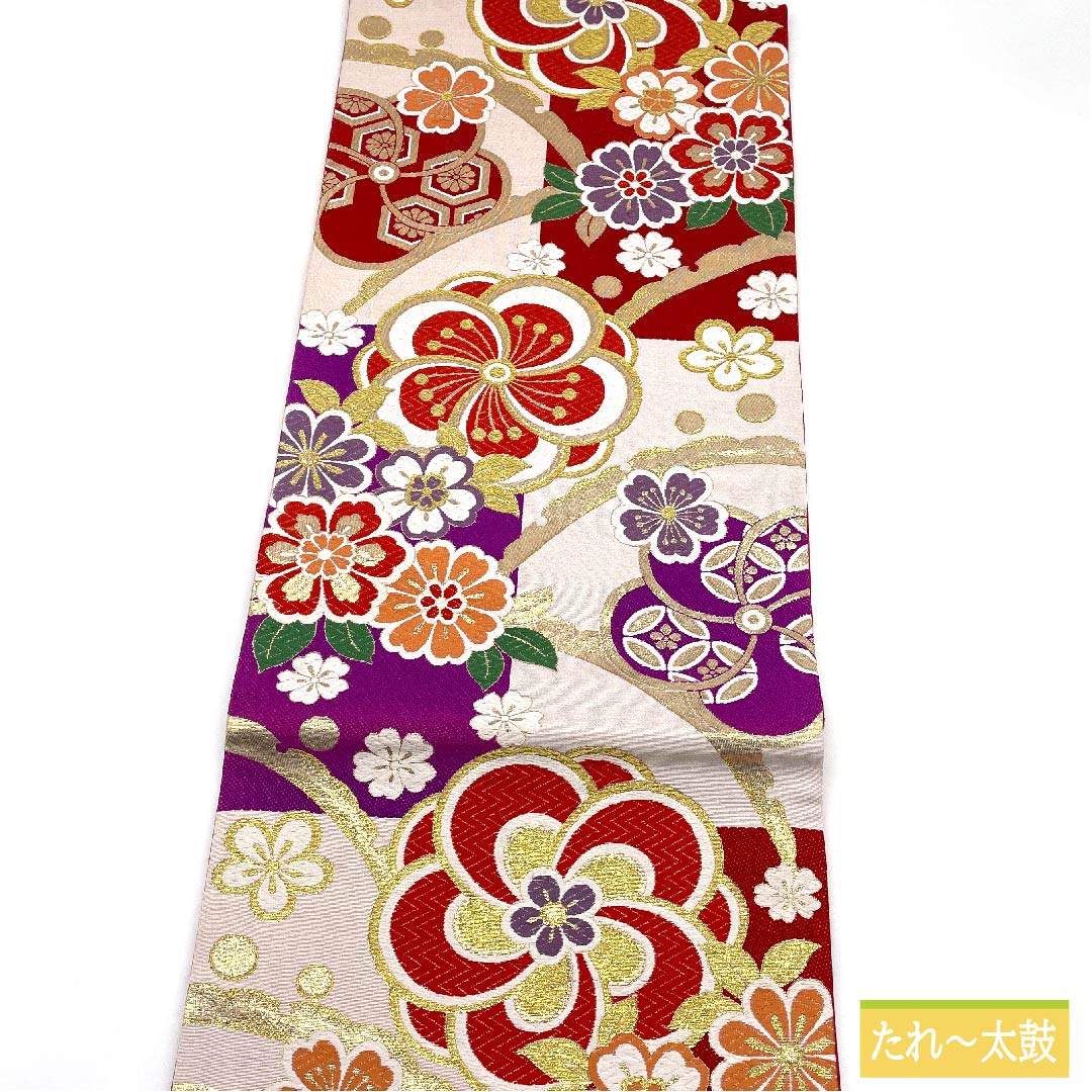 袋帯 正絹 白梅鼠色(しらうめねずいろ) ねじり梅 露草 桜 市松 帯丈440cm Sランク 六通 フォーマル 白系 1123011672311