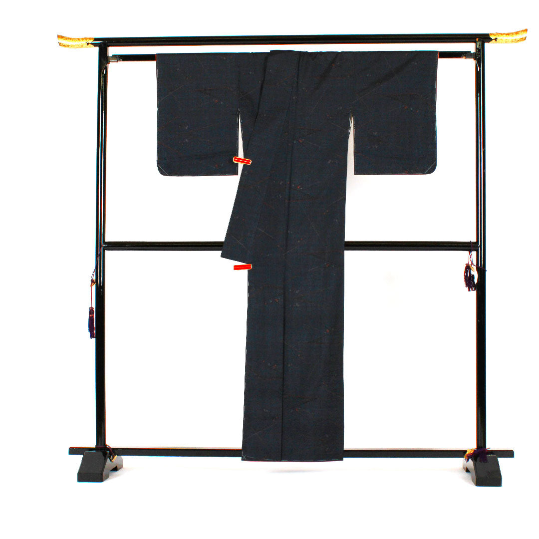 大島紬 身丈160cm 裄丈64cm 線描きに箔散らし模様 正絹 Sランク 袷 紺系 1116000812318