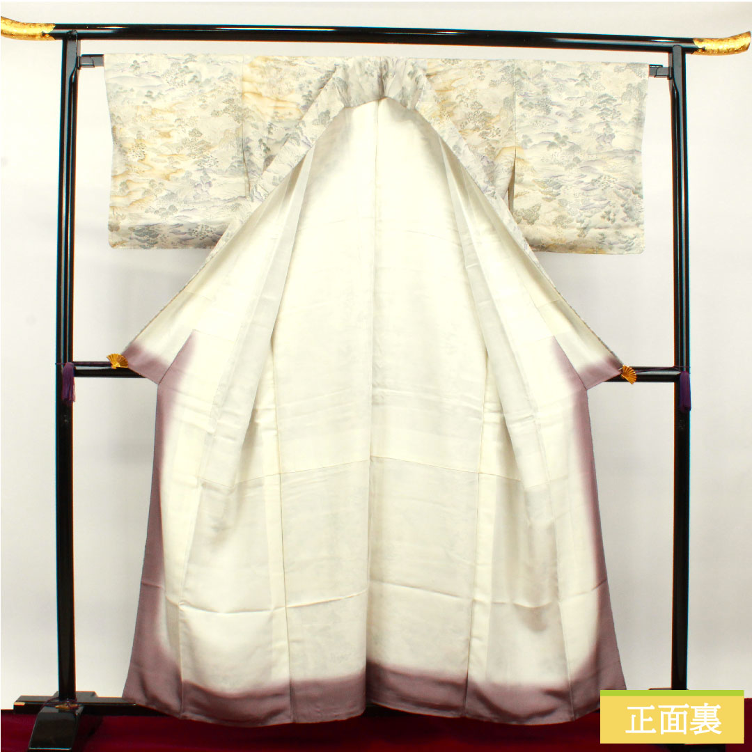 小紋 正絹 身丈159cm 裄丈65.5cm 袷 銀白色 風景模様 しつけ糸付き 未使用品 Sランク グレー系 1115003722322