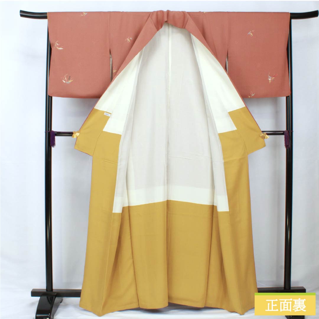 小紋 正絹 身丈163.5cm 裄丈66cm 袷 鴇浅葱色(ときあさぎいろ) 京友禅 笹の葉 パールトーン加工 Sランク 茶系 1115005742414