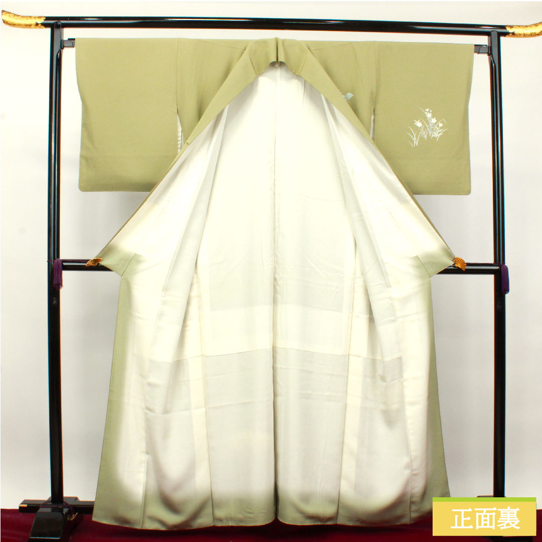 訪問着 正絹 袷 身丈160.5cm 裄丈66cm 利休色 京友禅 草花模様 剣片喰 Sランク 緑系 1112003492419