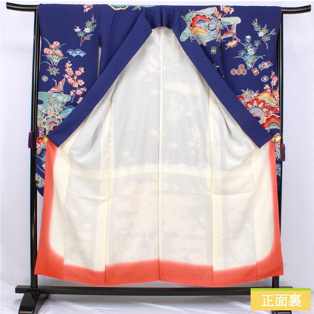 振袖 正絹 Aランク 身丈154.5cm 裄丈65cm 袷 青紫色(あおむらさきいろ) 京紅型 吉祥文様 松 藤 菖蒲 青系 1113002383217
