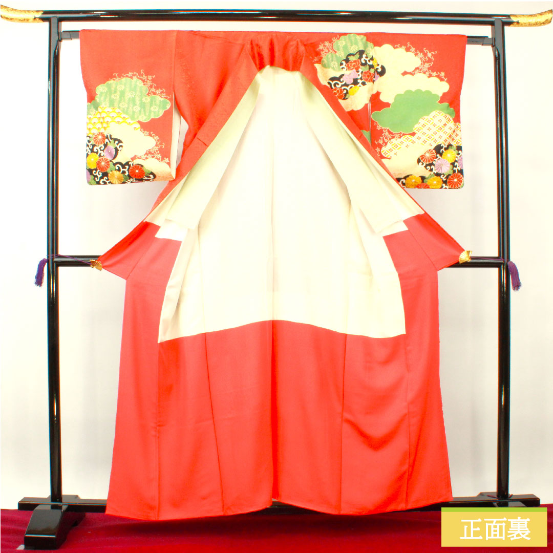 訪問着 正絹 袷 身丈160cm 裄丈63cm 緋色 京友禅 刺繡 吉祥文様 一つ紋(縫紋) 五三桐 Sランク 朱系 1112003752416