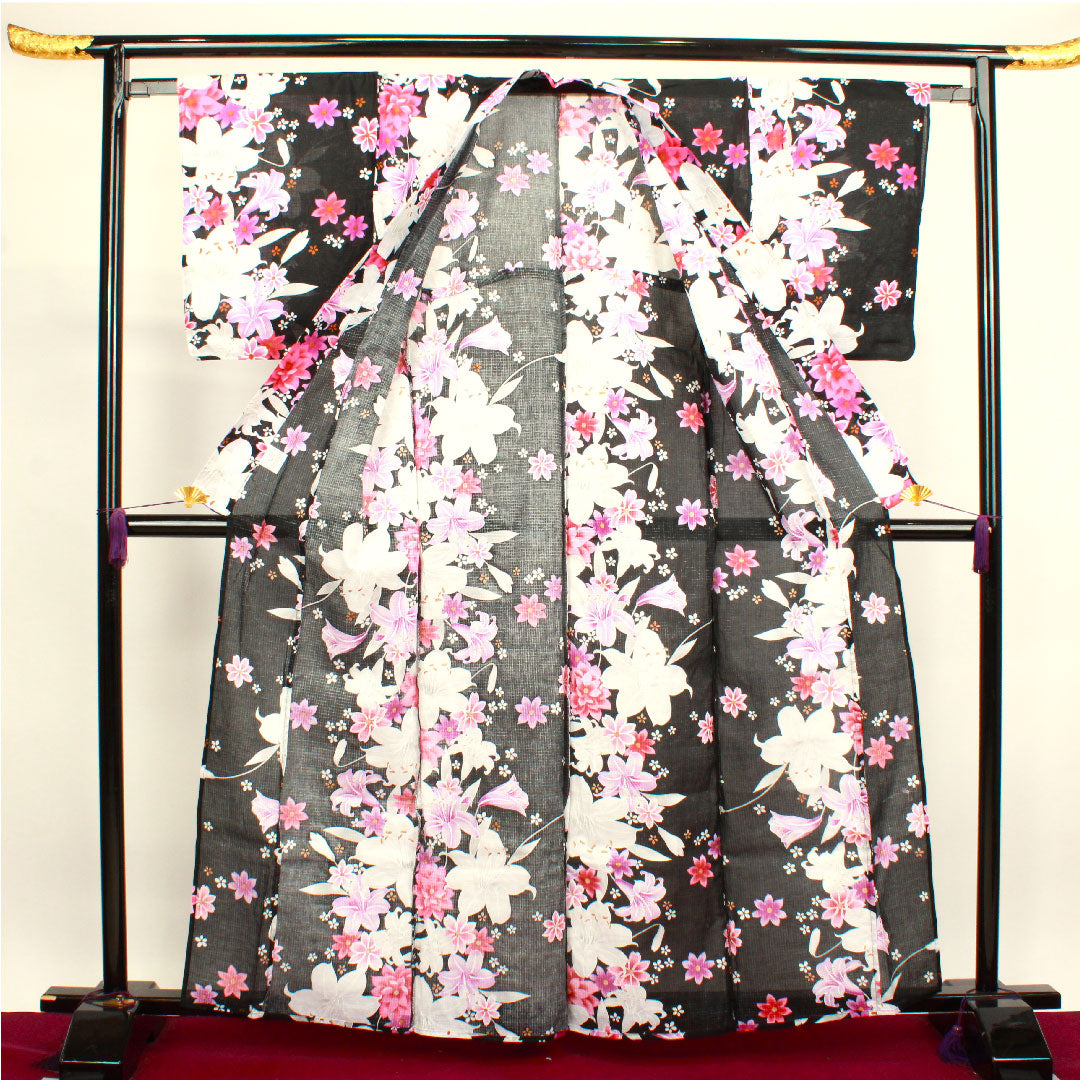 浴衣 百合 木綿 Sランク 単衣 身丈163cm 裄丈65cm 黒系 1118001562410