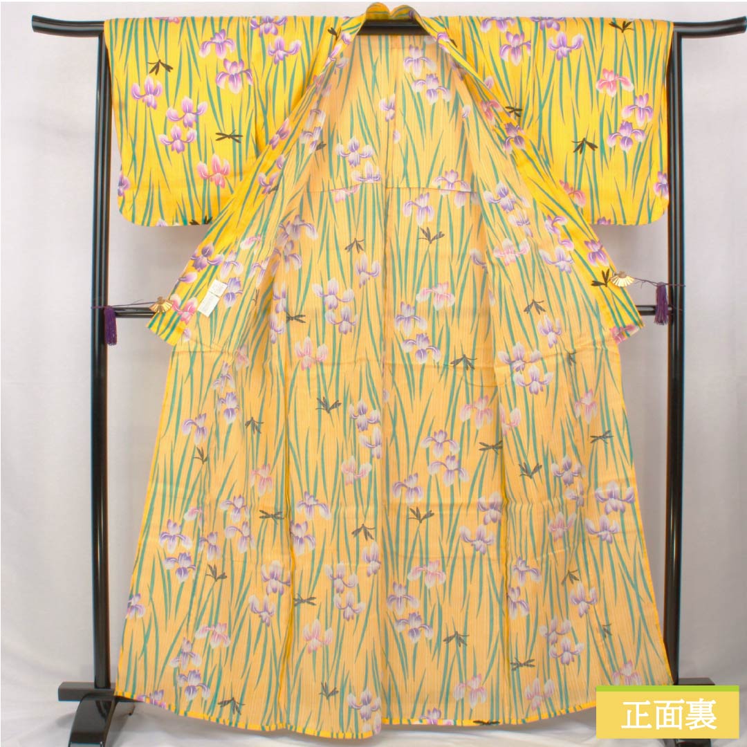 Cotton Yukata, Length 163.5cm, Sleeve Length 66cm, S Rank, Single Layer, Yellow, Kikuchinashiiro (Kikuchinashiro), Iris and Dragonfly Design, 1118006392423