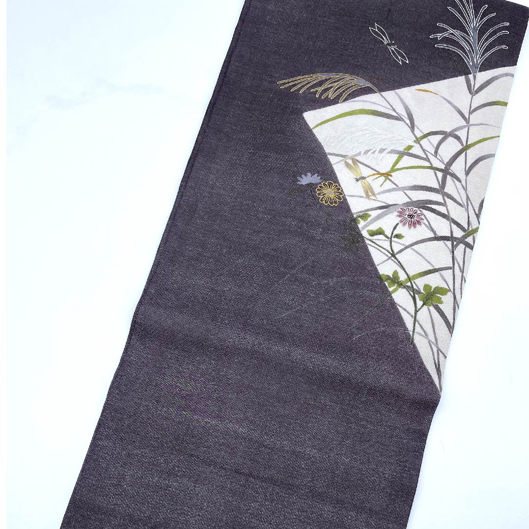 名古屋帯 藤煤竹色 夏帯 紗 とんぼ すすき 染帯 帯丈374.5cm 正絹 Sランク ポイント柄 セミフォーマル グレー系 1124004162322 名古屋仕立て