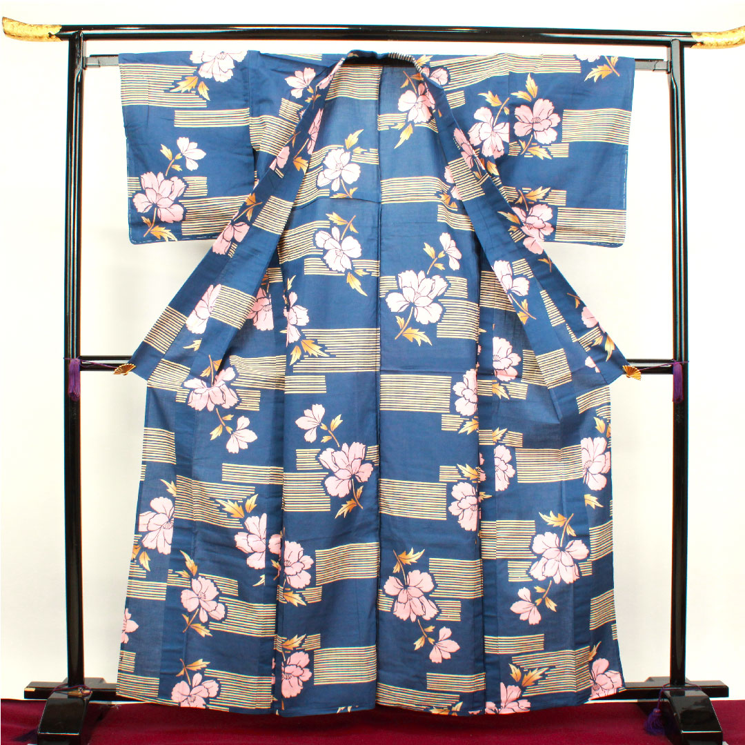 浴衣 濃二藍色 草花模様 木綿 Sランク 単衣 身丈163.5cm 裄丈64cm 紺系 1118001822418