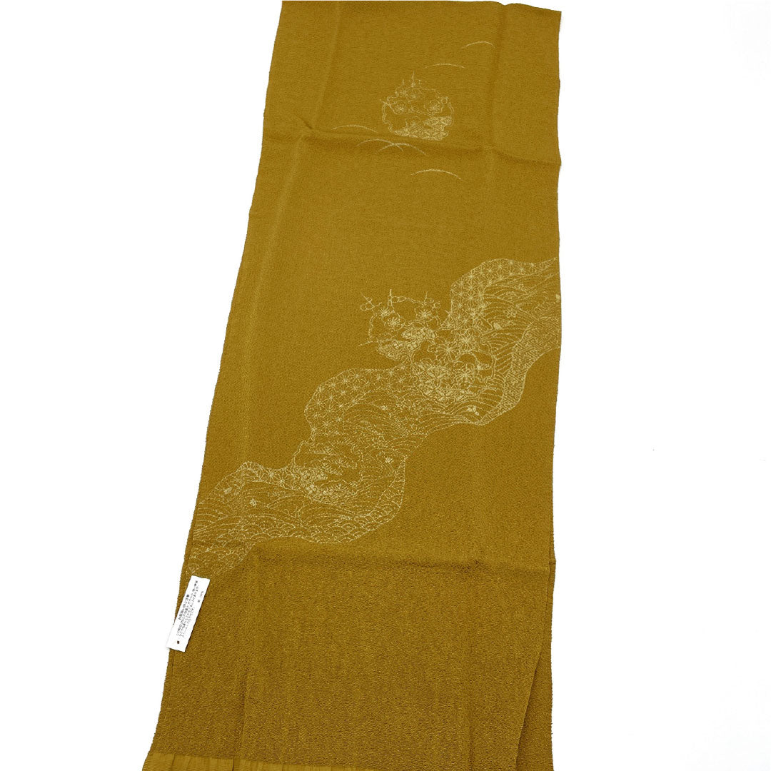 New Old Stock: Obiage/Obijime Set (Pure Silk, NEW Rank) - Moss Green/Rokoucha Brown, Chirimen, Classic Pattern, Length: approx. 160cm, Width: approx. 1.4cm, Casual, Green Tones (1141000551319)