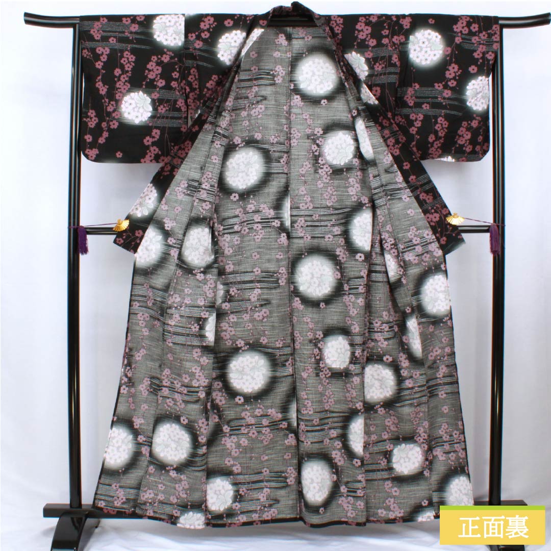 Cotton Yukata, Length 159cm, Sleeve Length 66cm, S Rank, Single Layer, Black with Floral Pattern, Vertical Silk, 1118006462310