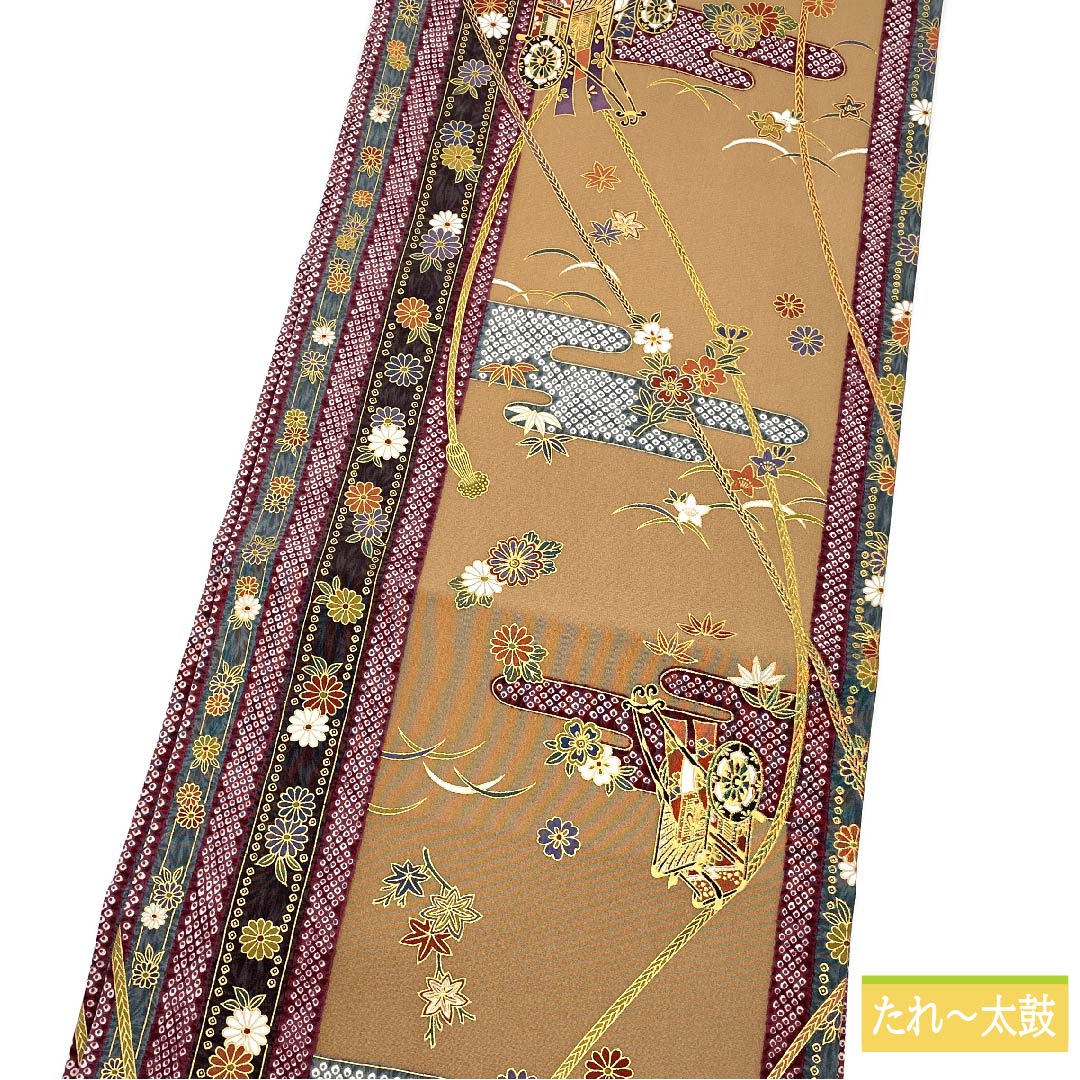 名古屋帯 浅杉染色(あさすぎそめいろ) 御所車 菊 桜 帯丈355cm 正絹 Sランク 全通 セミフォーマル ベージュ系 1124006532325 名古屋仕立て
