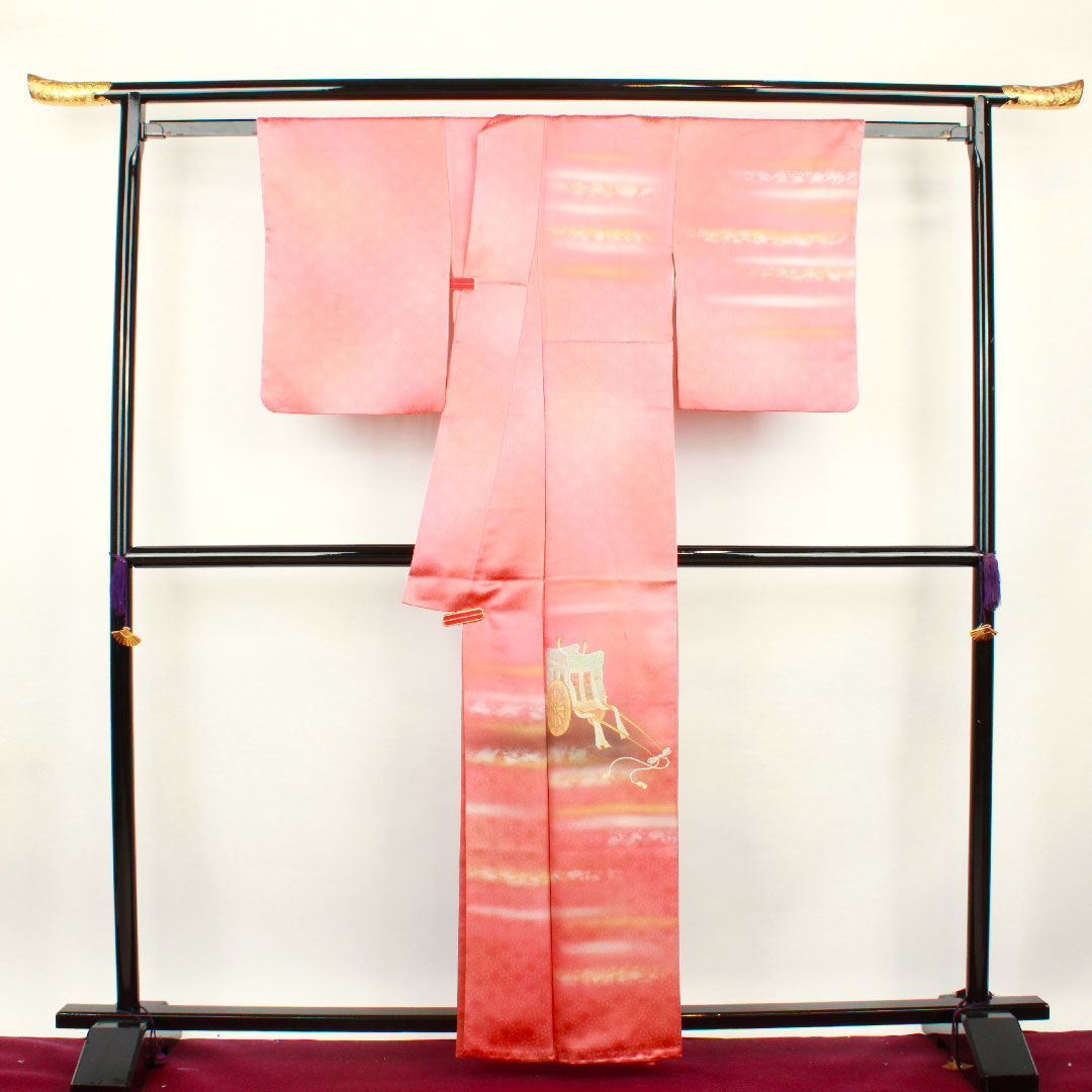 訪問着 袷 身丈161cm 裄丈63cm 中紅色 人間国宝 福田喜重 刺繍 御所車 正絹 Sランク 赤系 1112001882412