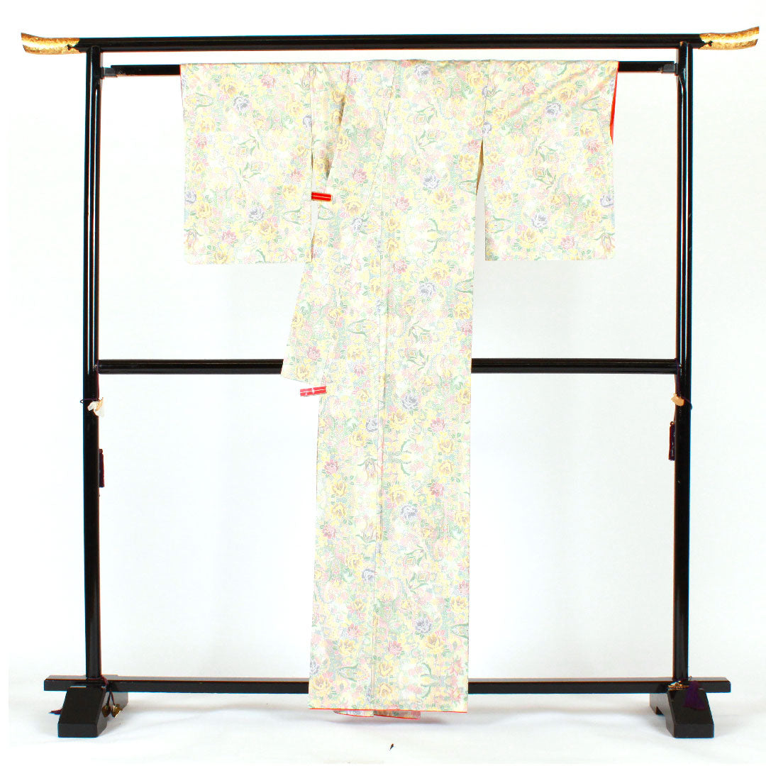 大島紬 身丈162.5cm 裄丈63.5cm 草花模様 正絹 Bランク 袷 白系 1116001514411